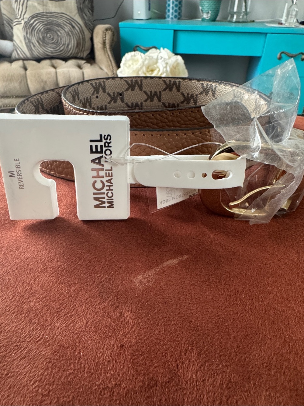 MICHAEL Michael Kors Brown Reversible Logo/Textured Belt with Gold Buckle